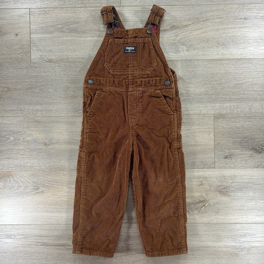 OshKosh B'gosh Boys 4T Tan Brown‎ Corduroy Plaid Lined Overalls